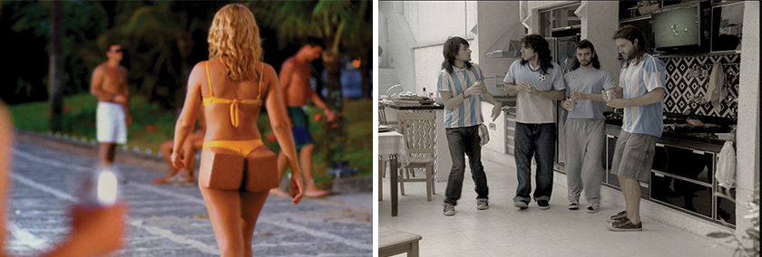 À esquerda, comercial 1998 irreverente reforçou o conceito “A cerveja que desce redondo”. Ao lado comercial “Argentinos do samba”